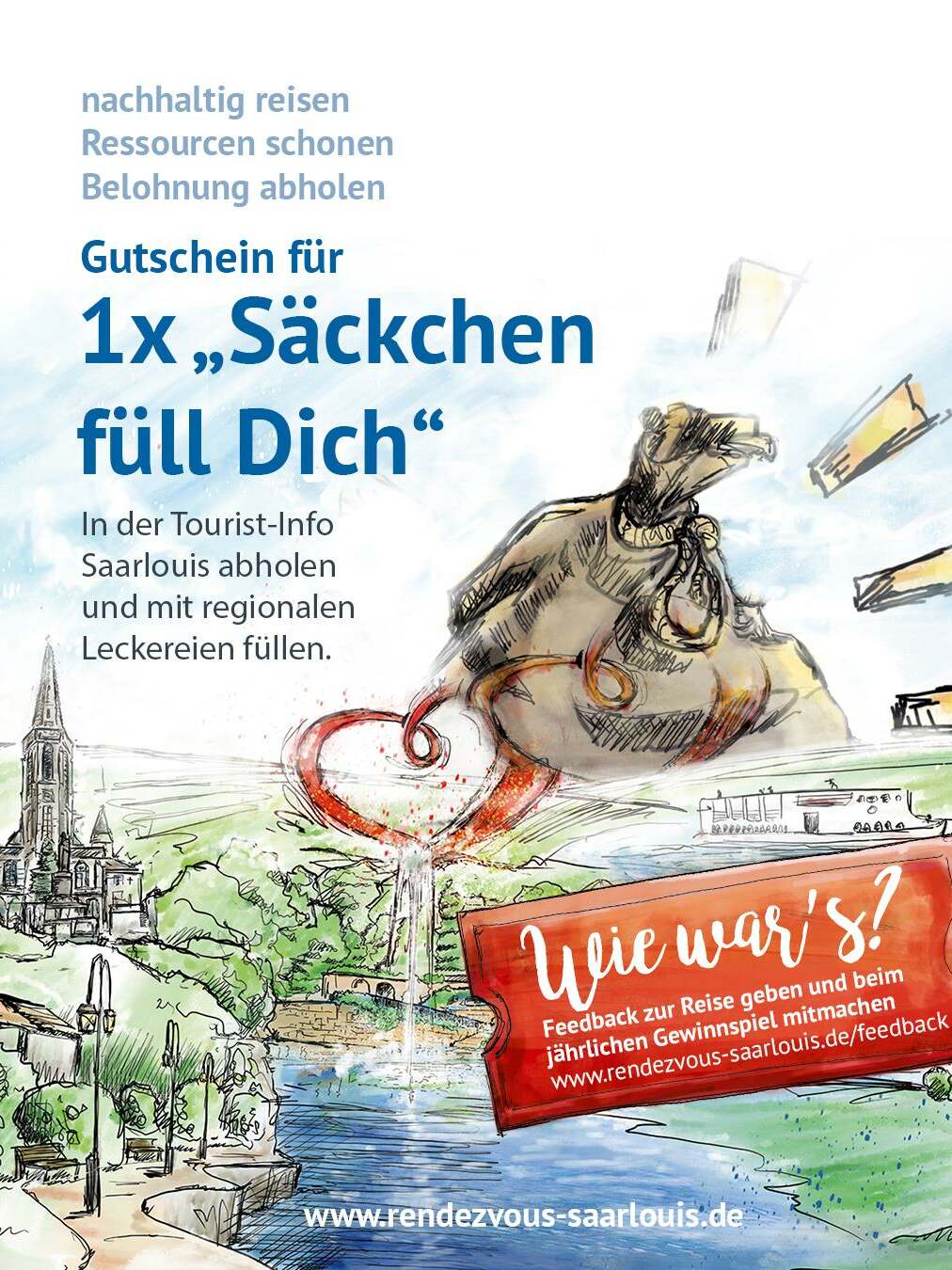 Gutschein für ein Säckchen, das in der Tourist-Info Saarlouis abgeholt werden kann, mit regionalen Leckereien.