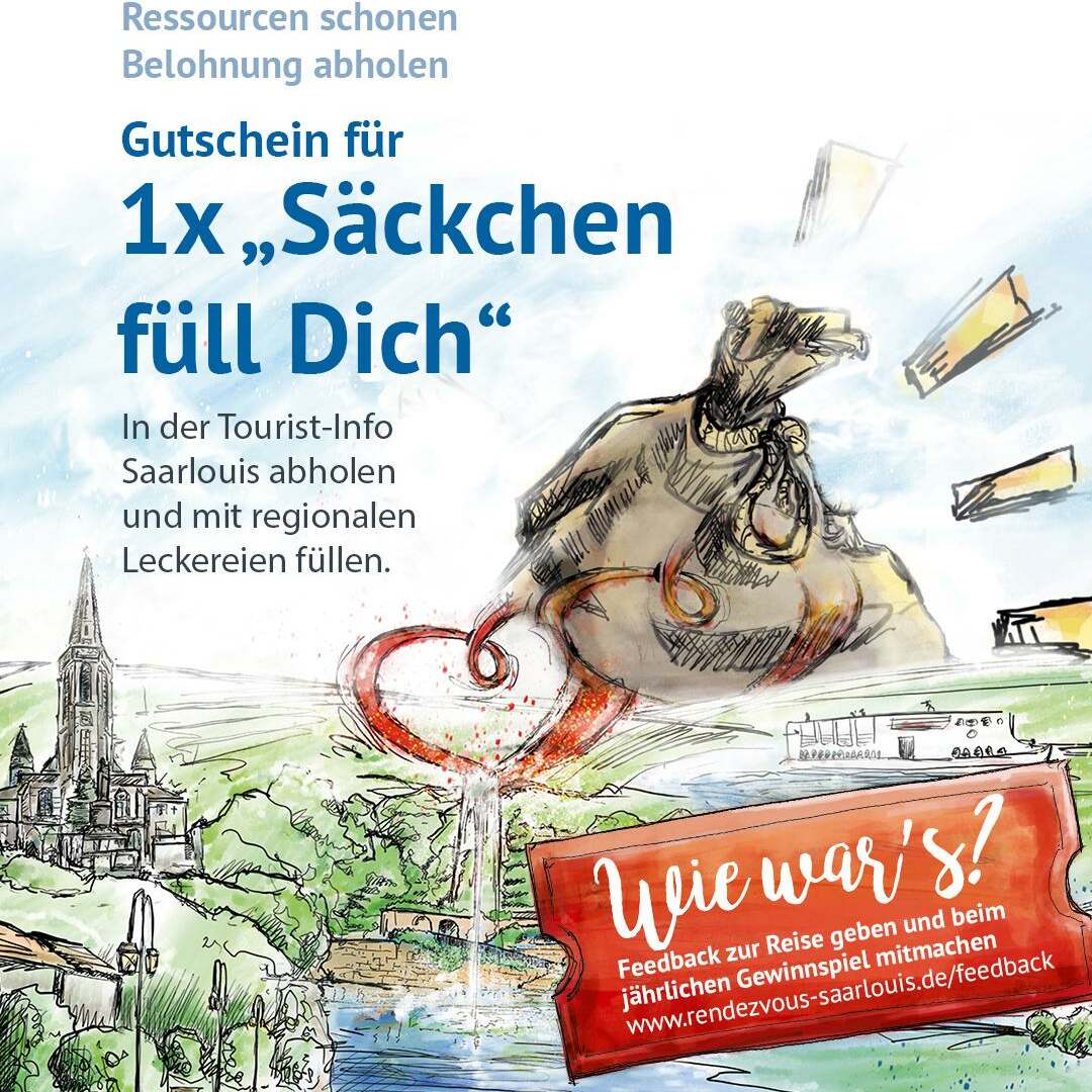 Gutschein für ein Säckchen, das in der Tourist-Info Saarlouis abgeholt werden kann, mit regionalen Leckereien.