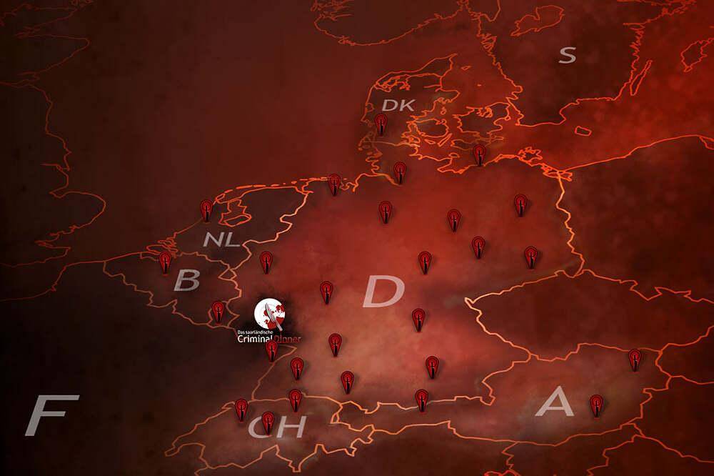 Karte von Europa mit verschiedenen Markierungen und einem Symbol in der Mitte.