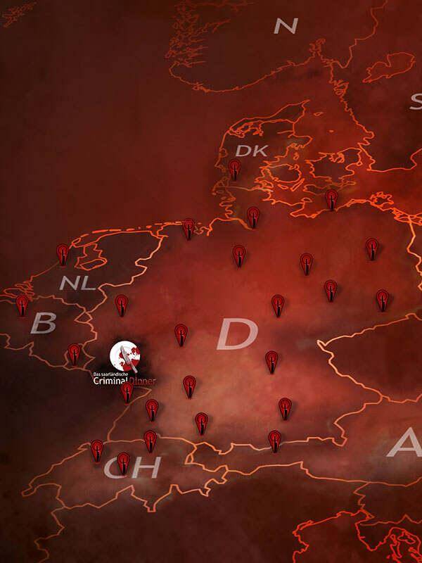 Karte von Europa mit verschiedenen Markierungen und einem Symbol in der Mitte.