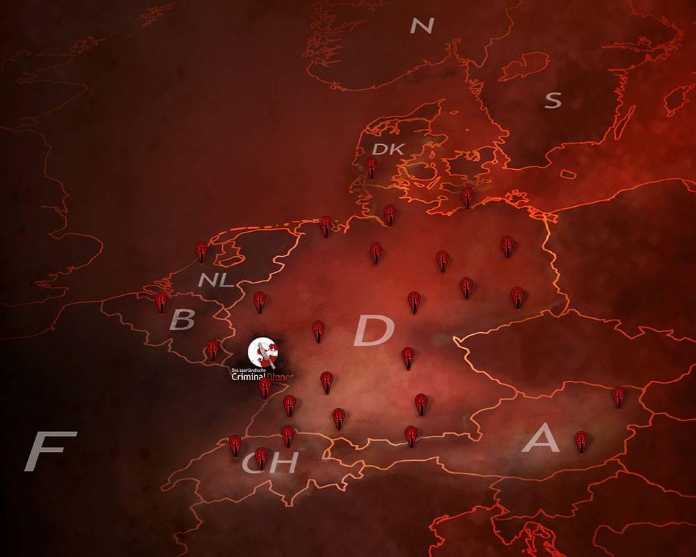 Karte von Europa mit verschiedenen Markierungen und einem Symbol in der Mitte.