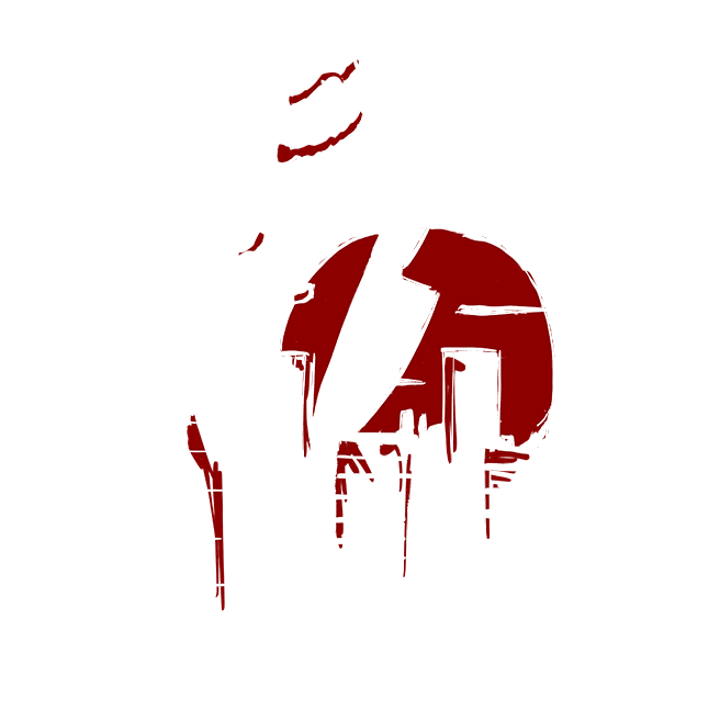 Illustration einer Stadtansicht mit einem Blitz und einer roten Sonne im Hintergrund.